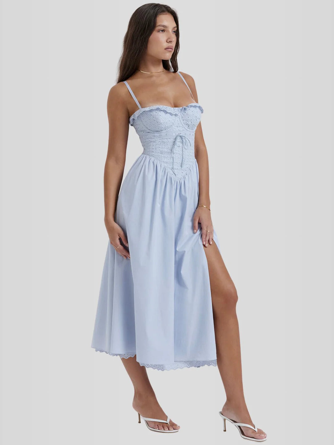 Vestido bustier midi com corte na lateral celestial jasmine