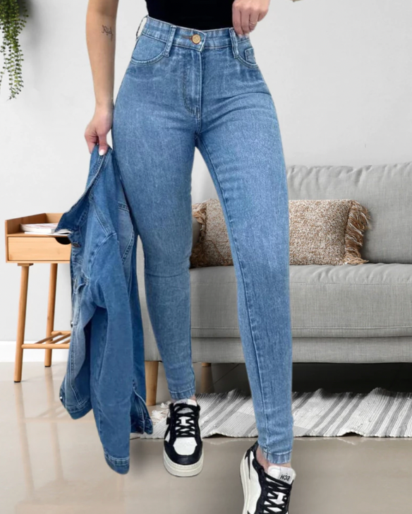 Calça jeans feminina casual cintura alta