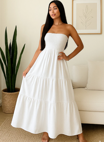 Vestido Longo Feminino Tomara que Caia Liso Branco
