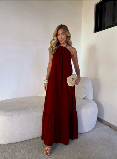 Vestido Longo Feminino com Decote nas Costas Marsala