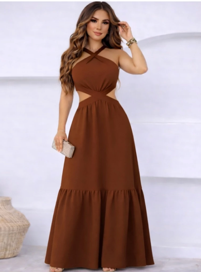 Vestido Feminino Longo Frente Única Marrom