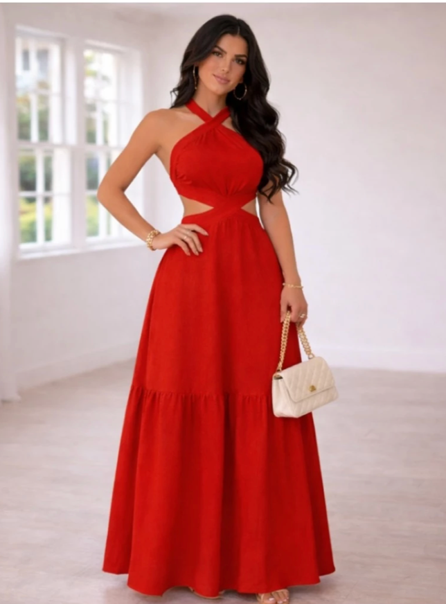 Vestido Feminino Longo Frente Única Vermelho