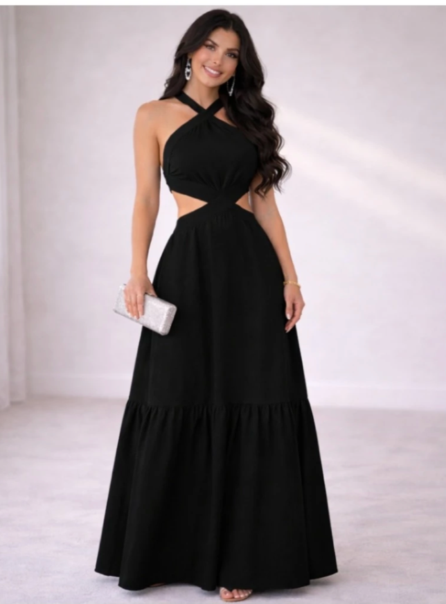 Vestido Feminino Longo Frente Única Preto