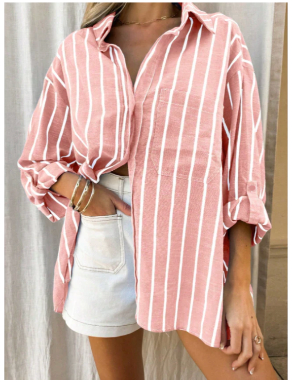 Camisa feminina despojada em listras Rosa