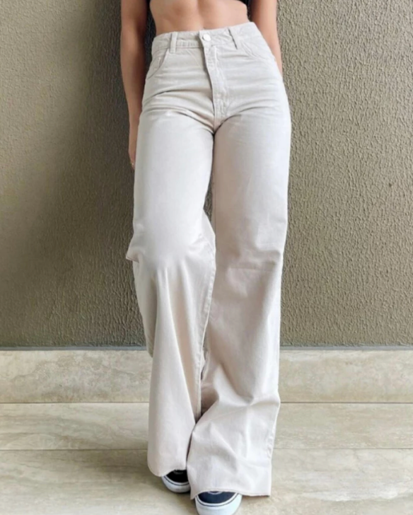 Calça jeans feminina wide leg cintura alta Bege