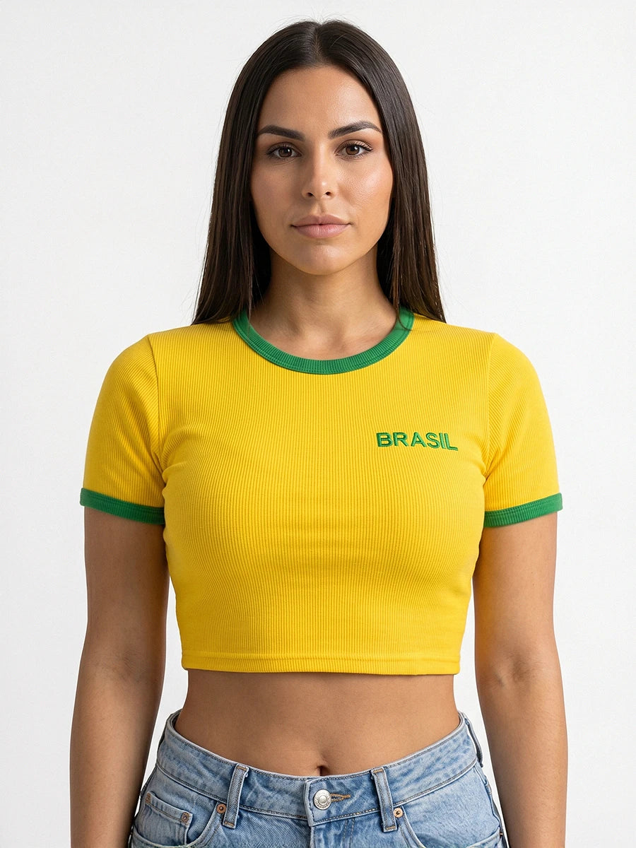 Blusa Cropped Feminina Manga Curta Brasil Amarela