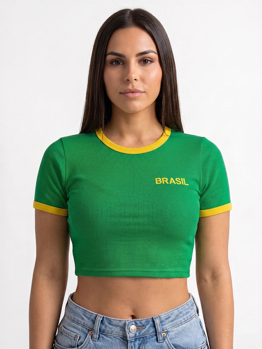 Blusa Cropped Feminina Manga Curta Brasil Verde