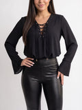 Blusa Feminina Manga Longa Decotada com Cordão