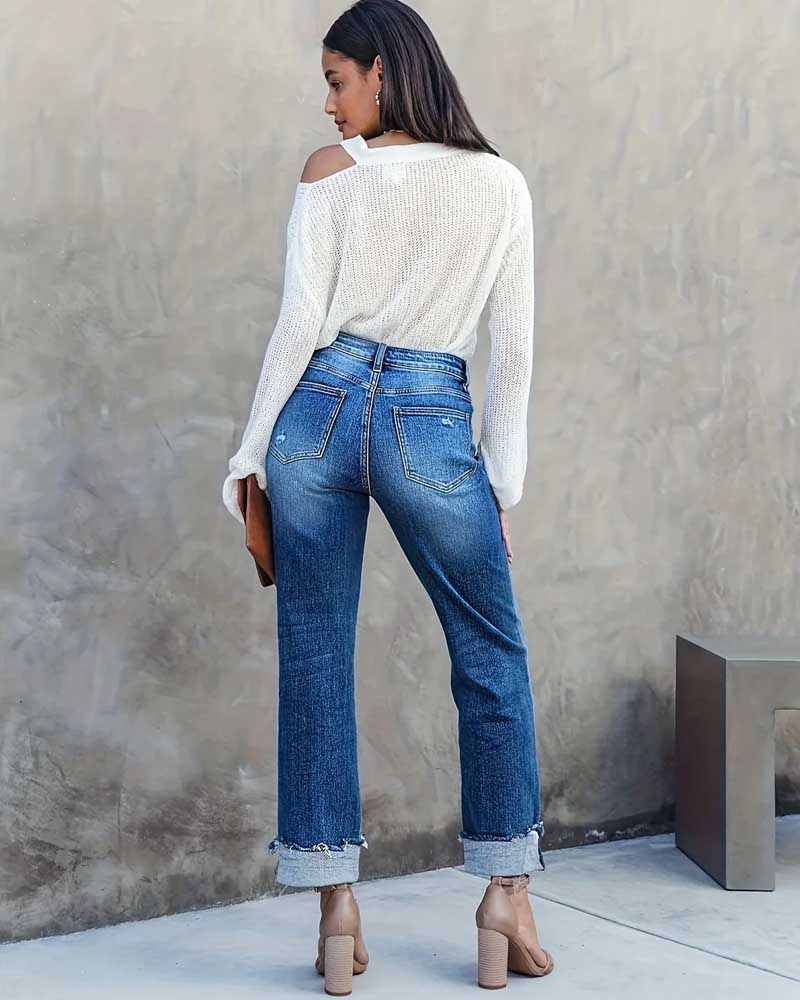 Calça jeans feminina de bainha moderna com ajuste solto