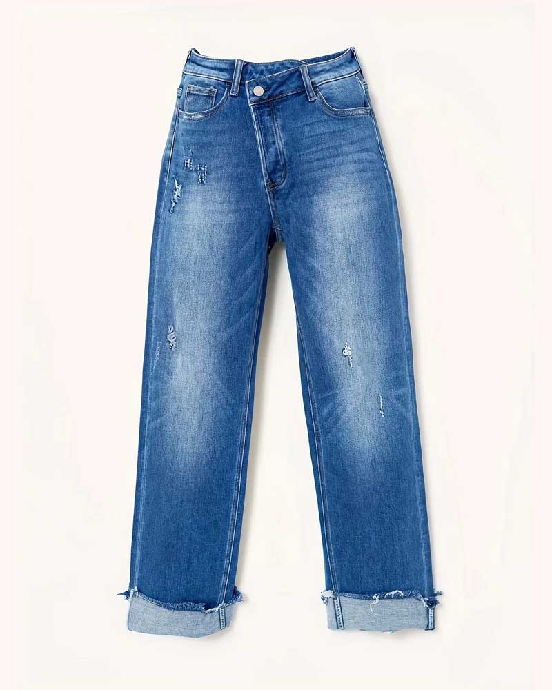 Calça jeans feminina de bainha moderna com ajuste solto