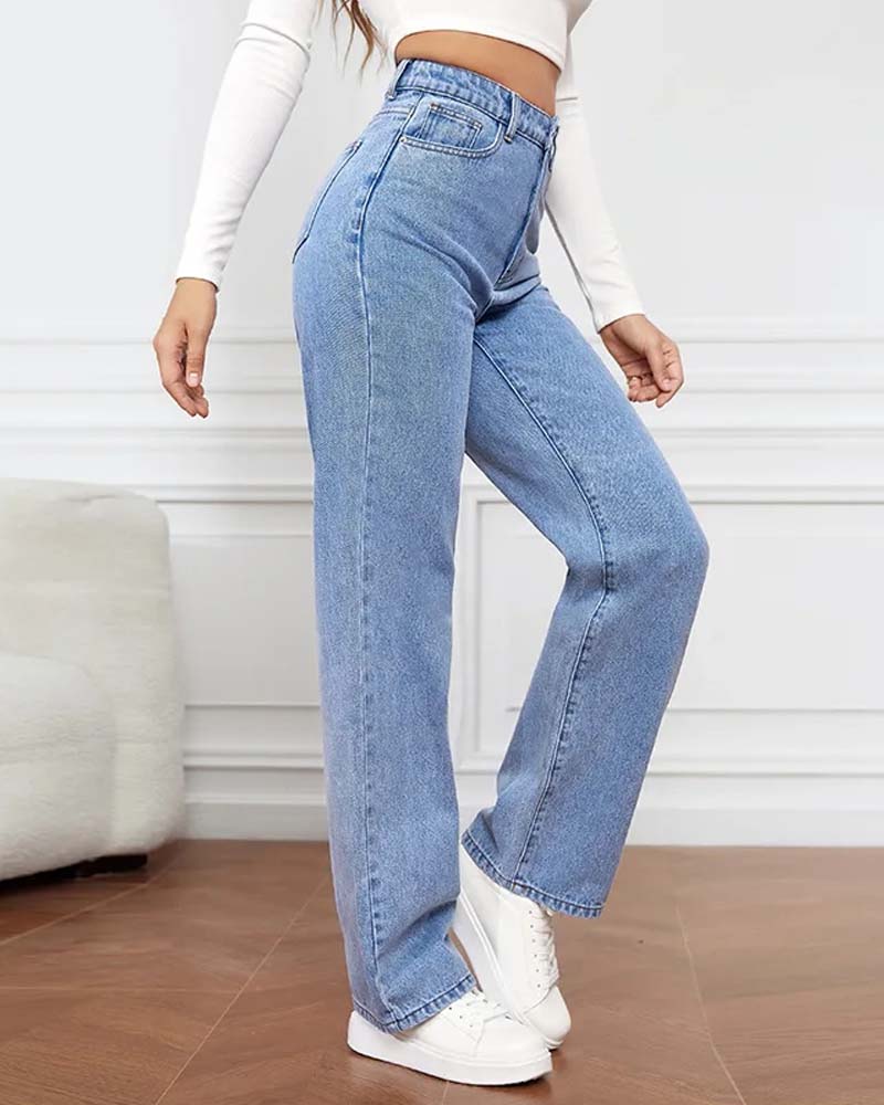 Calça jeans feminina reta básica cintura alta