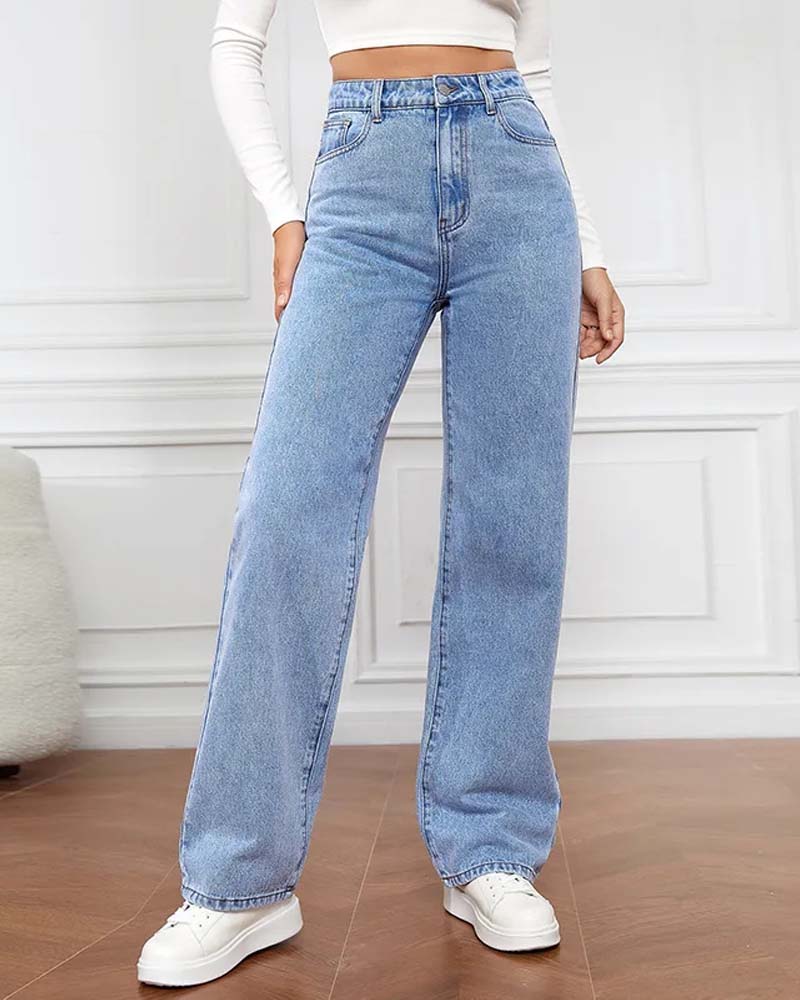 Calça jeans feminina reta básica cintura alta