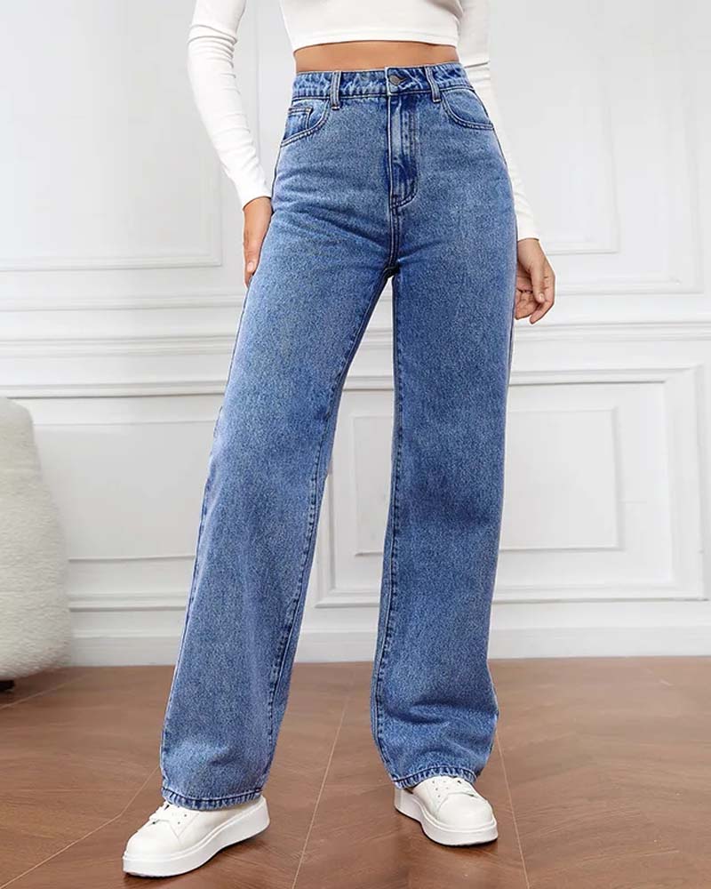 Calça jeans feminina reta básica cintura alta