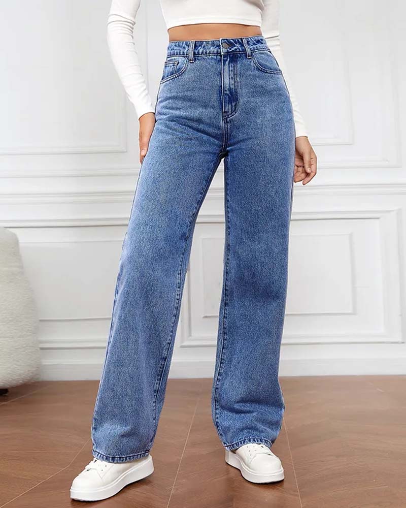 Calça jeans feminina wide leg cintura alta azul escuro