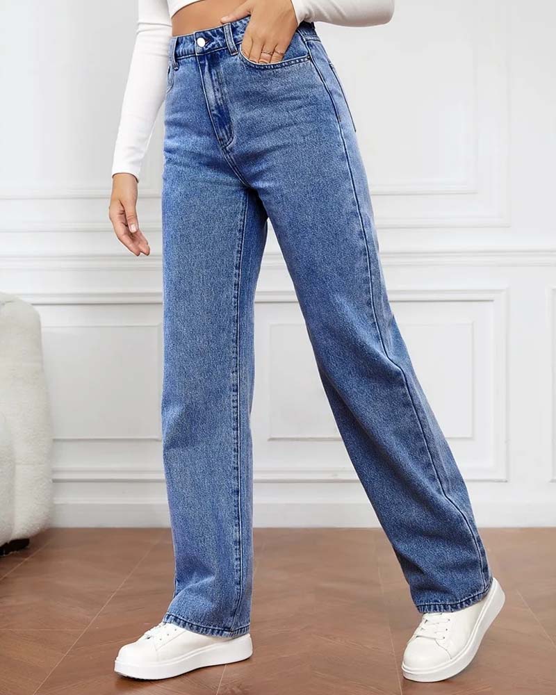 Calça jeans feminina reta básica cintura alta