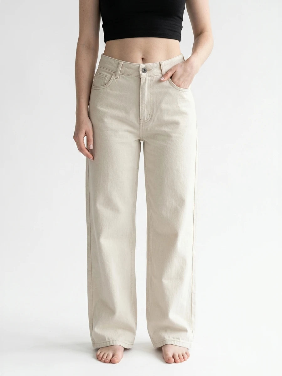 Calça Jeans Feminina Wide Leg Cintura Alta Bege