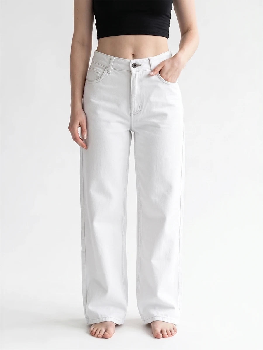 Calça Jeans Feminina Wide Leg Cintura Alta Branca