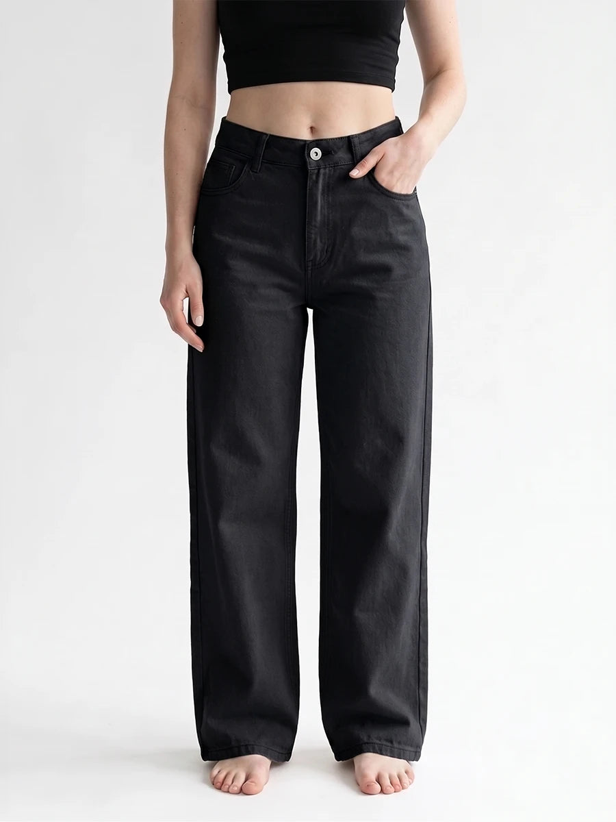 Calça Jeans Feminina Wide Leg Cintura Alta Preta