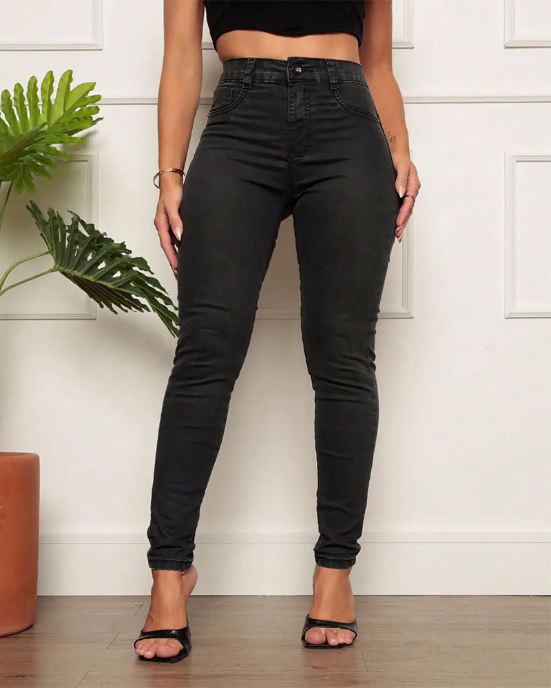 Calça jeans skinny feminina preta cintura alta