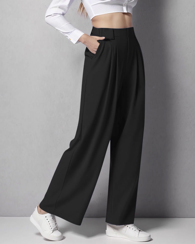 Calça pantalona feminina wide leg cintura alta com bolsos