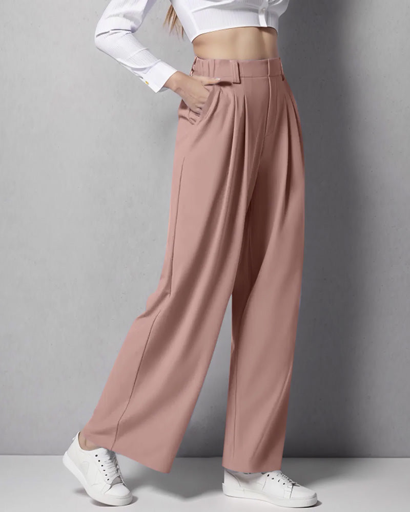 Calça pantalona feminina wide leg cintura alta com bolsos