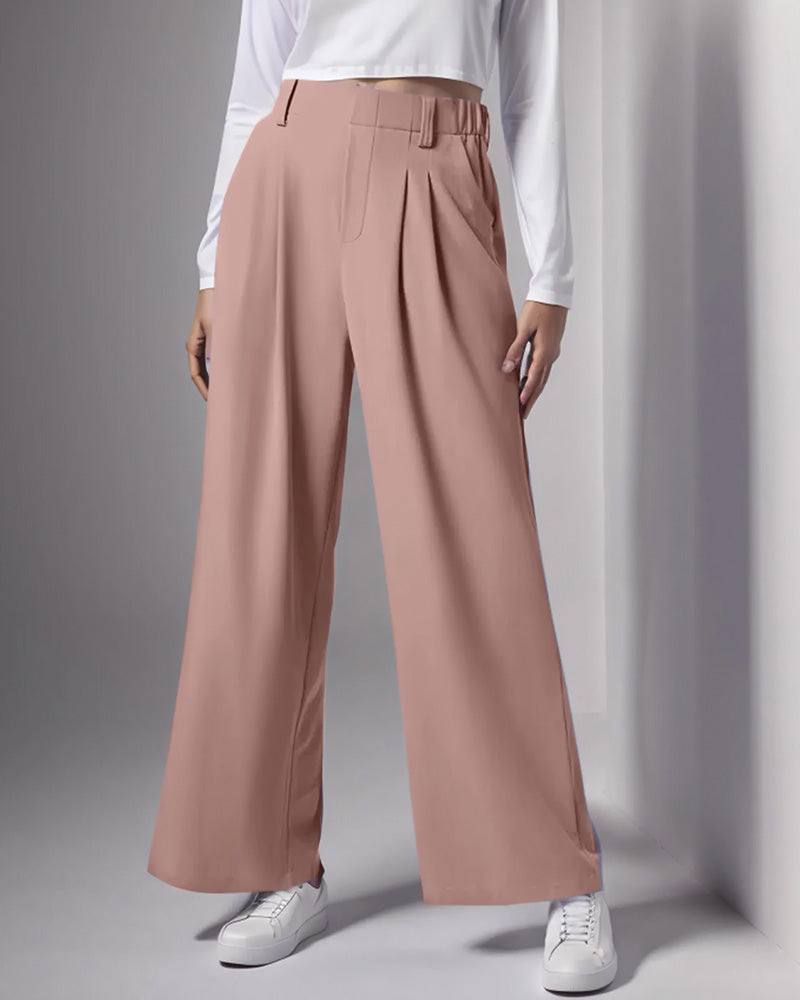 Calça pantalona feminina wide leg cintura alta com bolsos