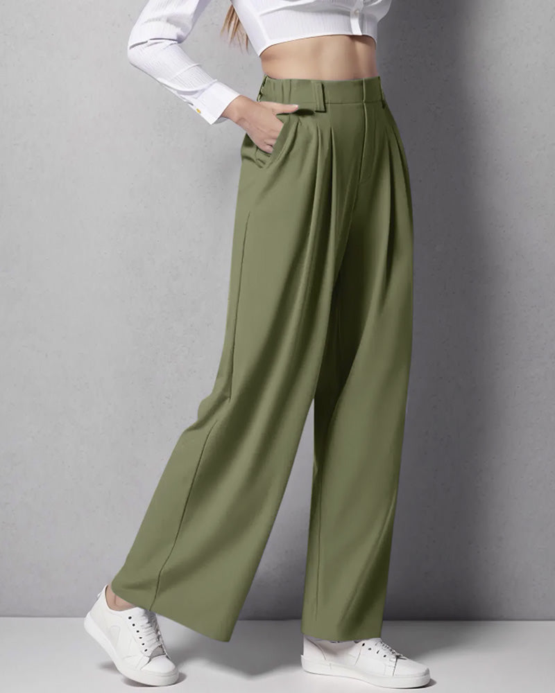 Calça pantalona feminina wide leg cintura alta com bolsos