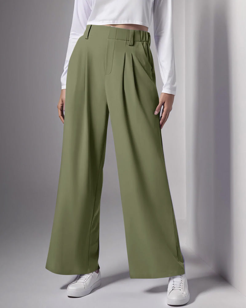 Calça pantalona feminina wide leg cintura alta com bolsos