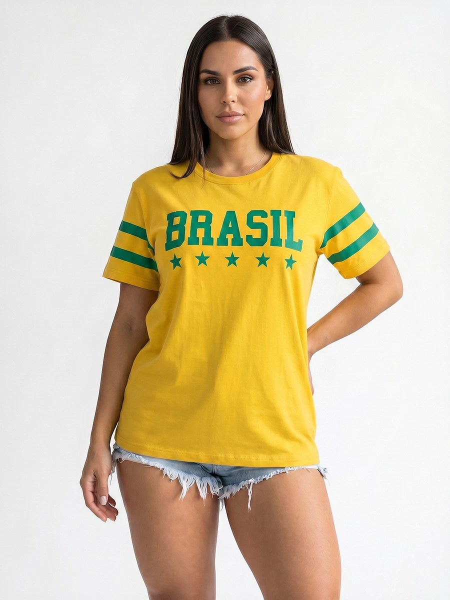 Camiseta Feminina 5 Estrelas Brasil Manga Curta Amarela