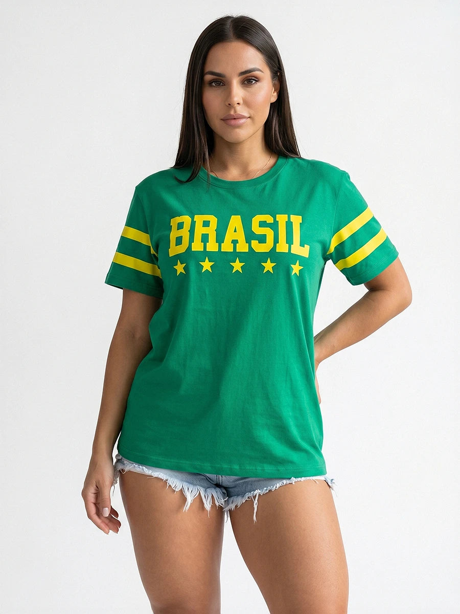 Camiseta Feminina 5 Estrelas Brasil Manga Curta Verde