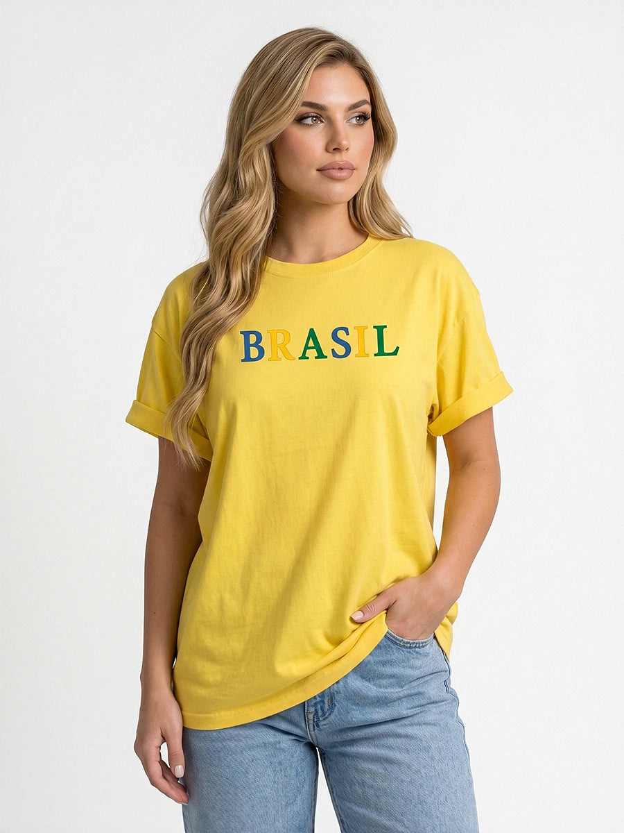 Camiseta Feminina Oversized Brasil Manga Curta Amarela