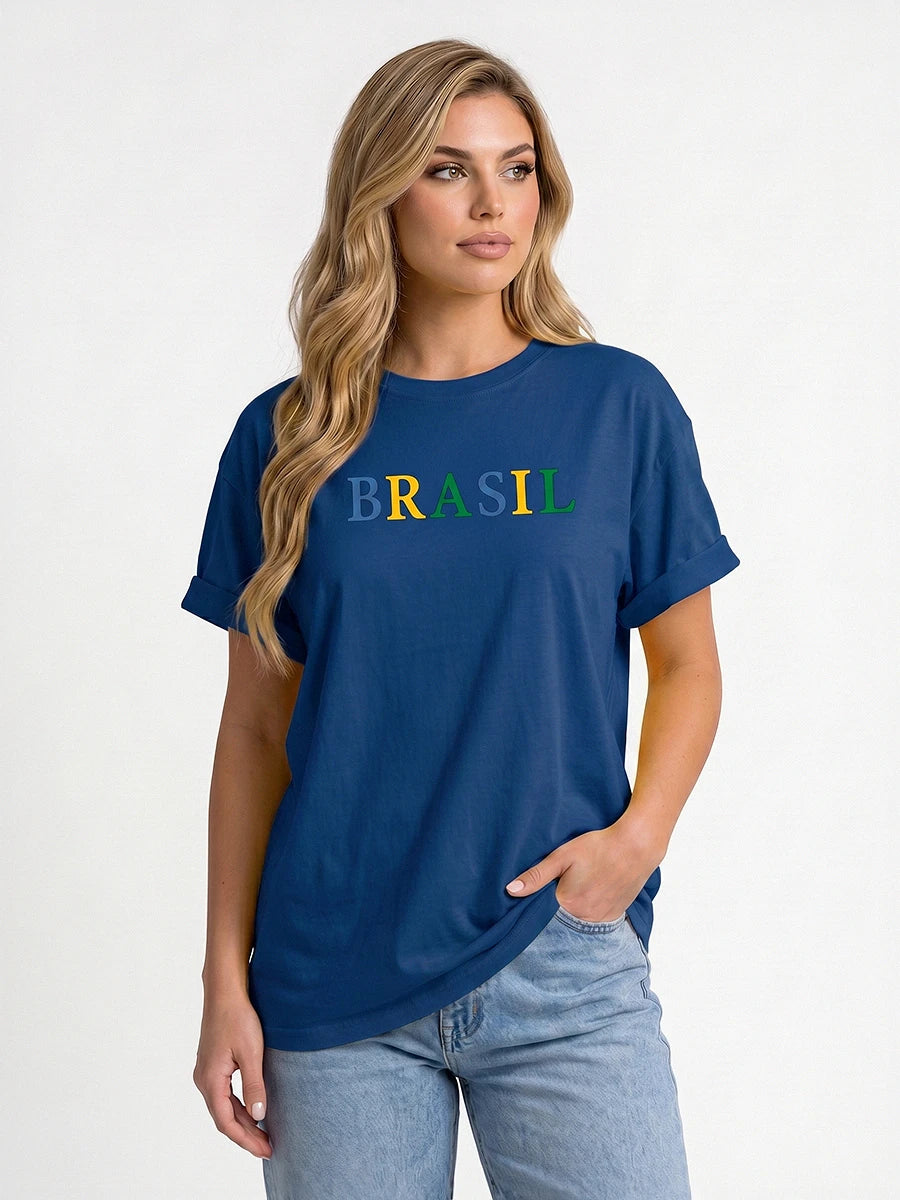 Camiseta Feminina Oversized Brasil Manga Curta Azul