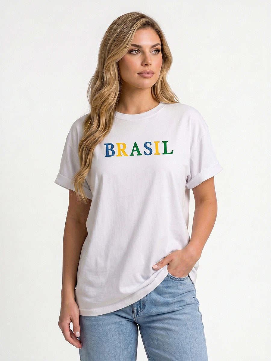 Camiseta Feminina Oversized Brasil Manga Curta Branca