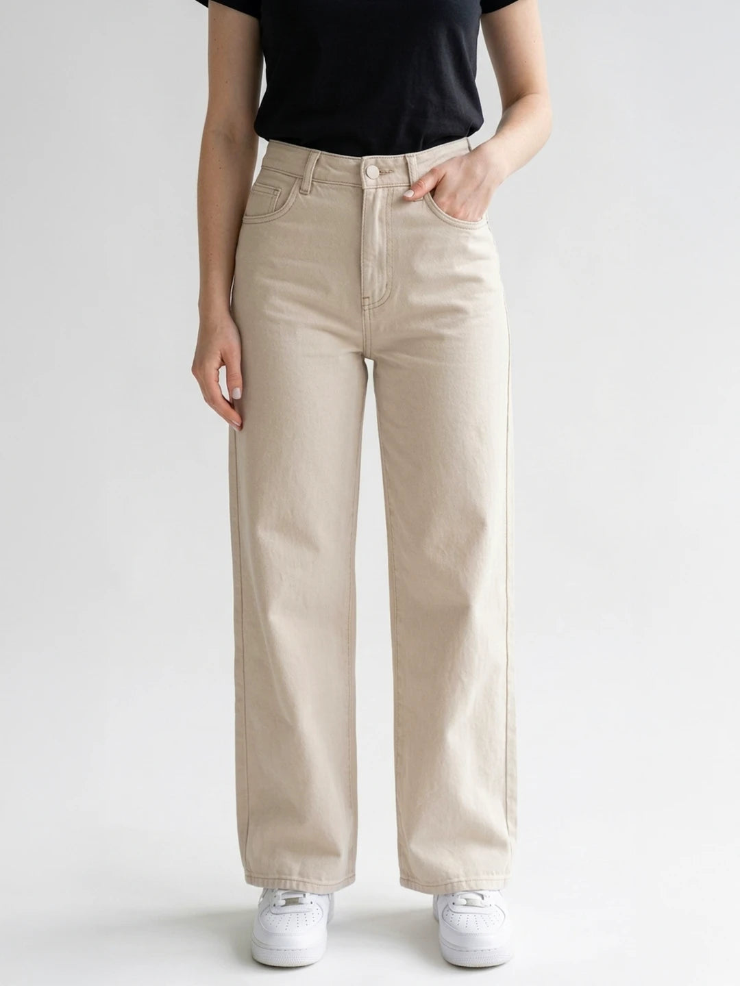 Calça Jeans Feminina Wide Leg Cintura Alta Bege