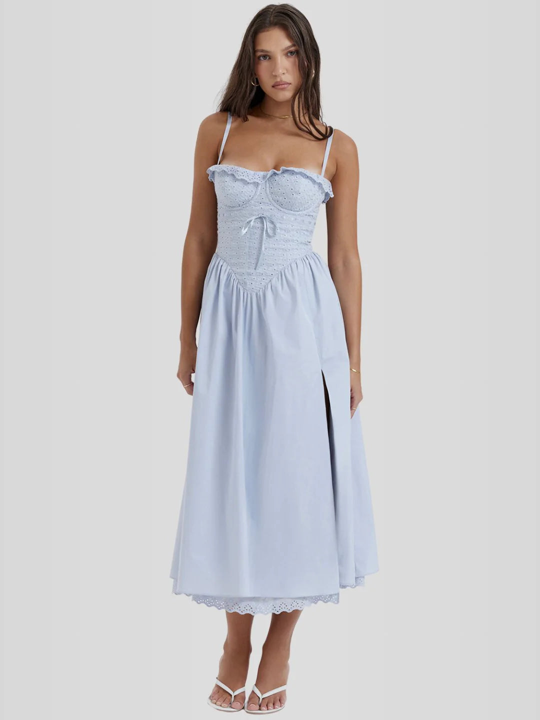 Vestido bustier midi com corte na lateral celestial jasmine