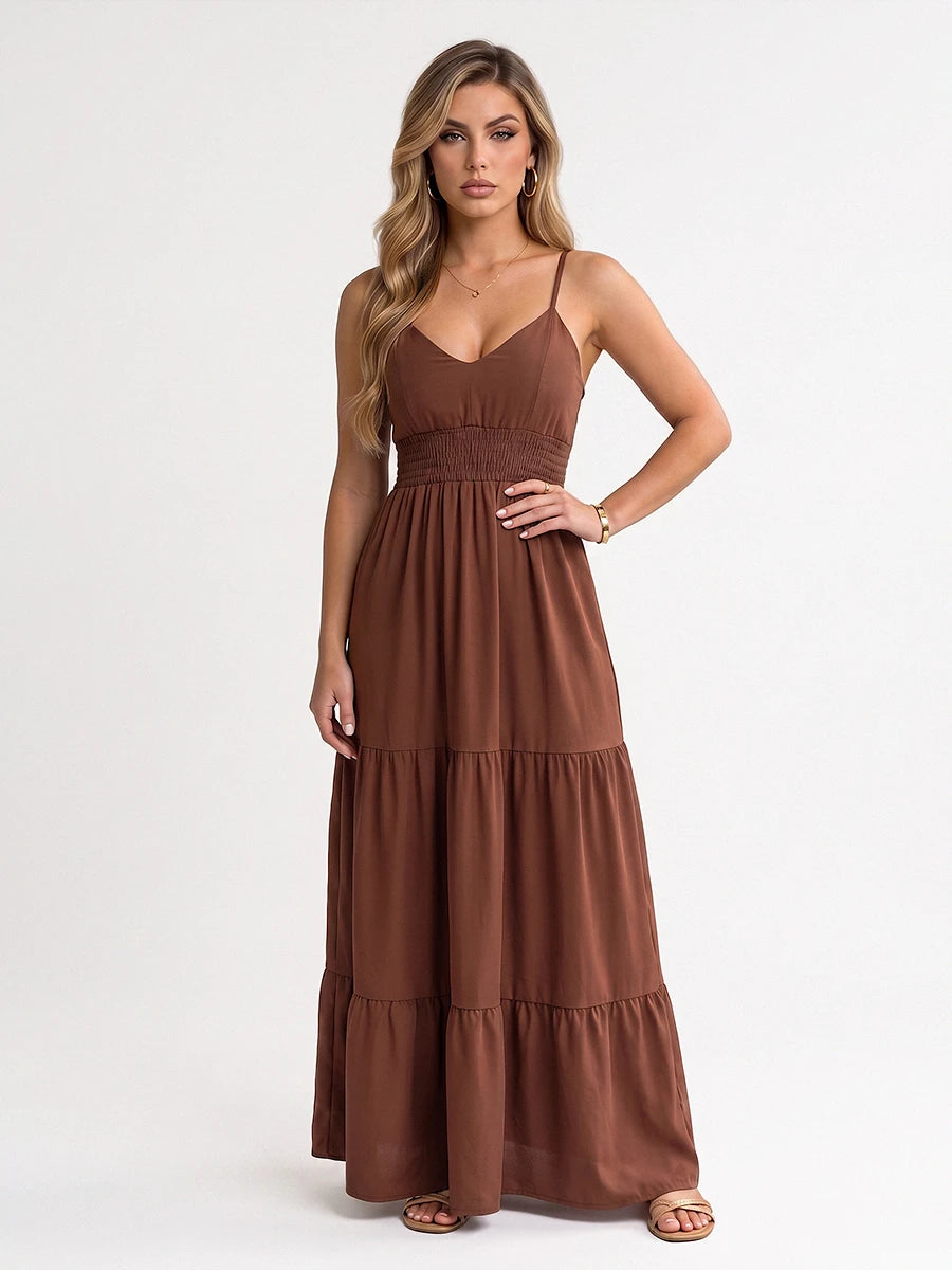 Vestido Longo Feminino com Decote e Alça Marrom