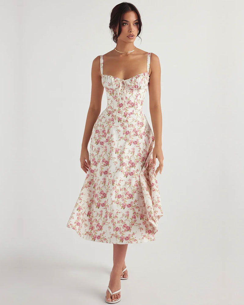 Vestido longo floral com corte lateral e alças finas