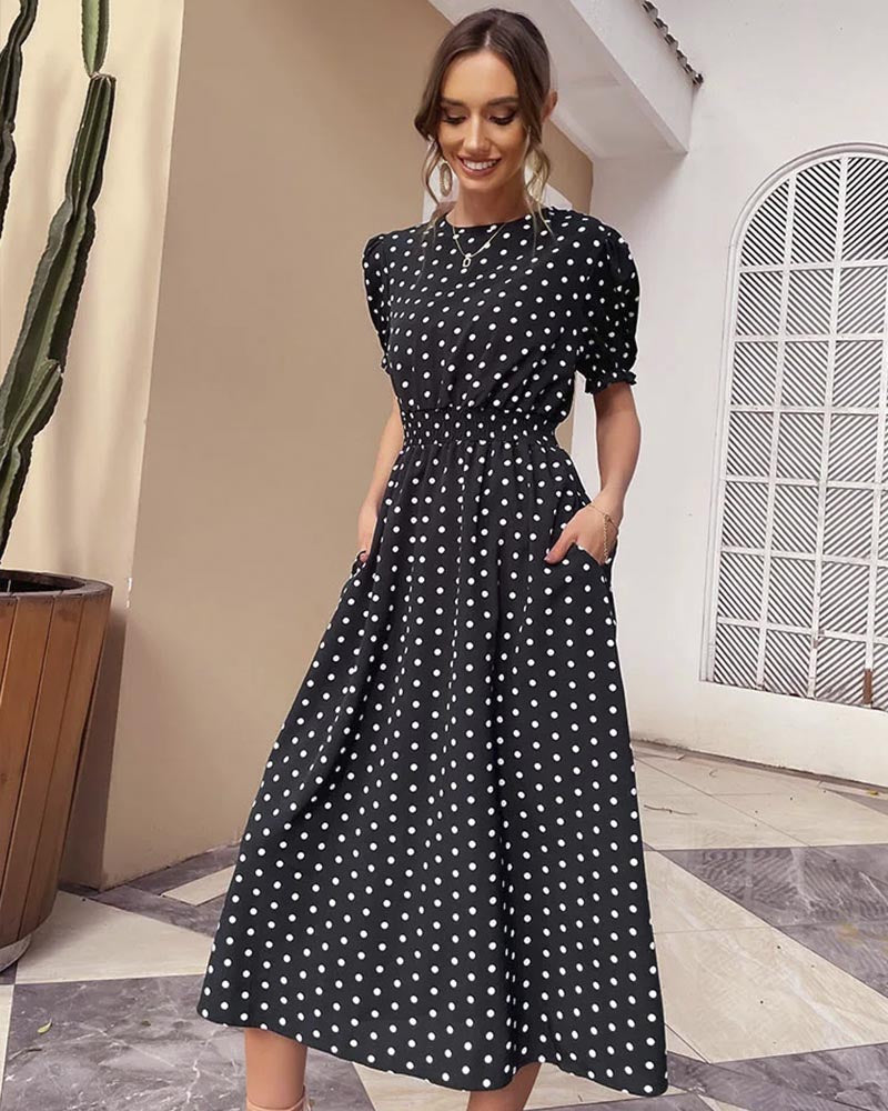 Vestido midi estampado poá cintura elástica manga curta