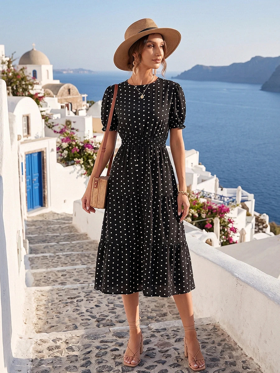 Vestido Midi Estampado Poá Cintura Elástica Manga Curta Preto