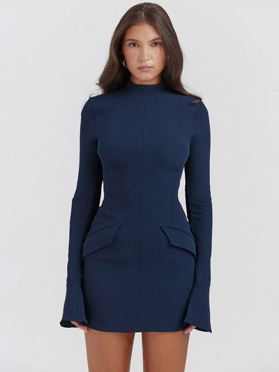 Vestido Tubinho Curto Feminino Manga Longa Aurora Azul Marinho