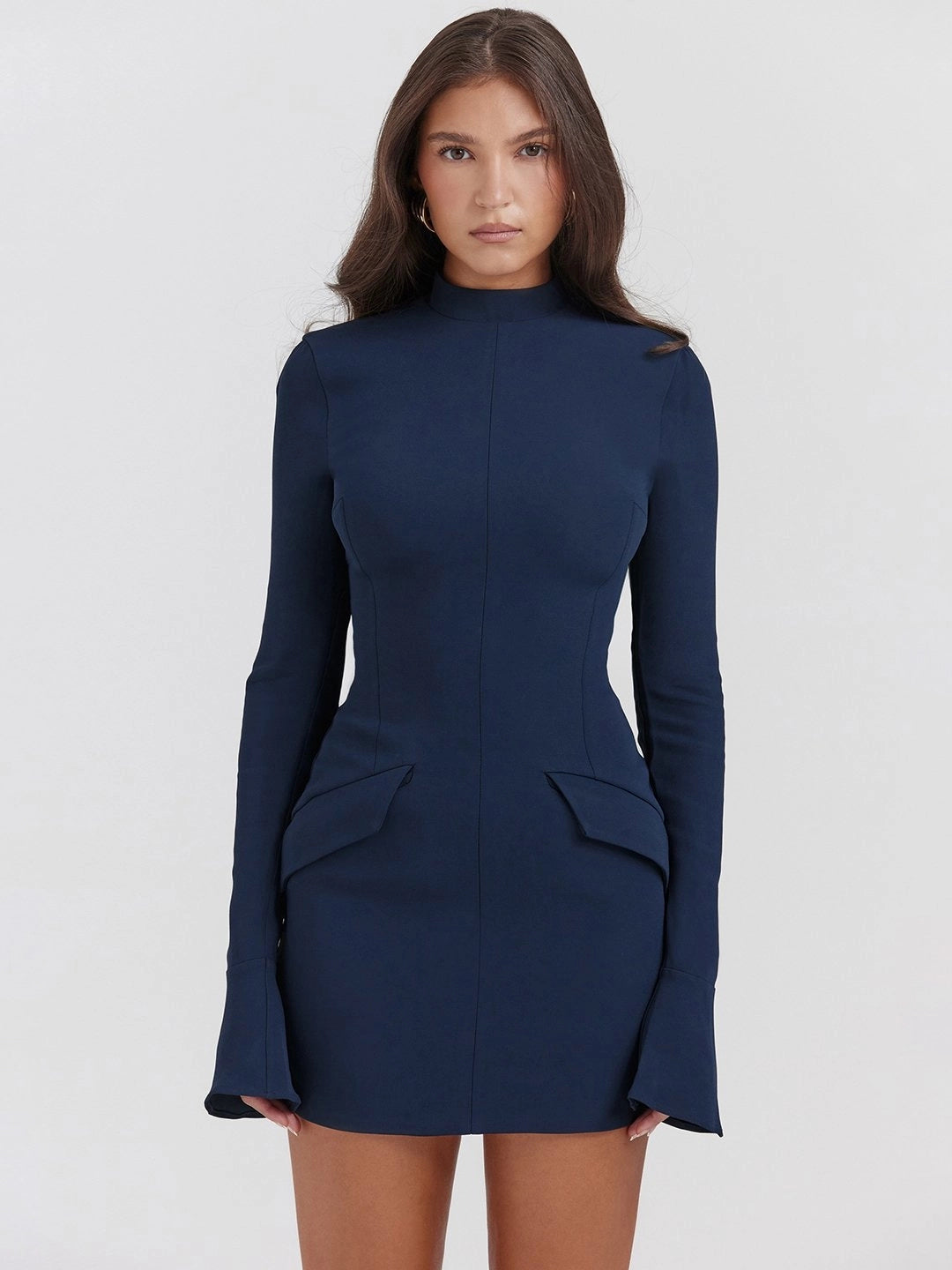 Vestido Tubinho Curto Feminino Manga Longa Aurora Azul Marinho